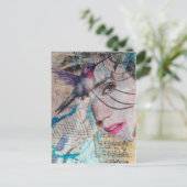 A Face n Hummingbird Abstract Mixed Media Collage ポストカード (スタンド正面)