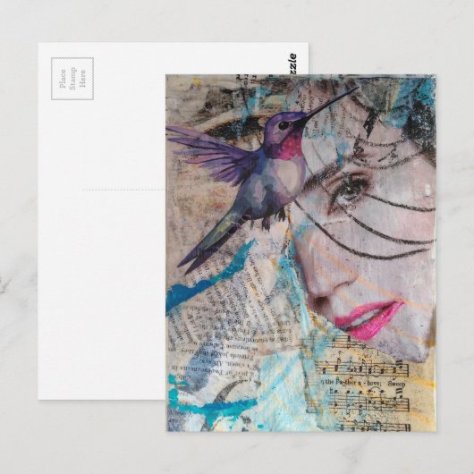A Face n Hummingbird Abstract Mixed Media Collage ポストカード (正面/裏面)