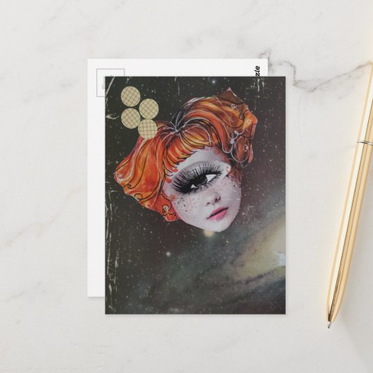 A face with single eye space mixed media collage ポストカード (正面/裏面インサイチュ)