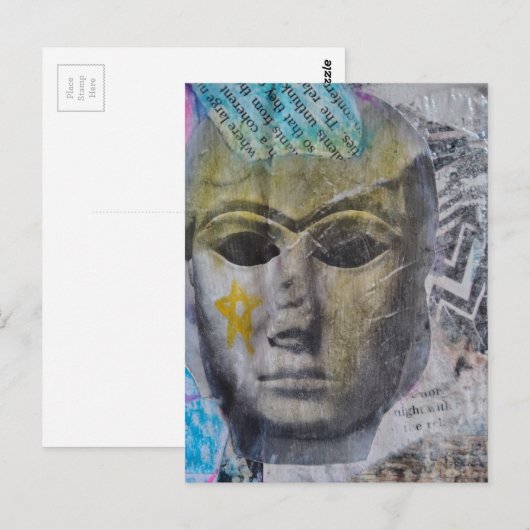 A Face Yellow Star Mixed Media Collage ポストカード (正面/裏面)