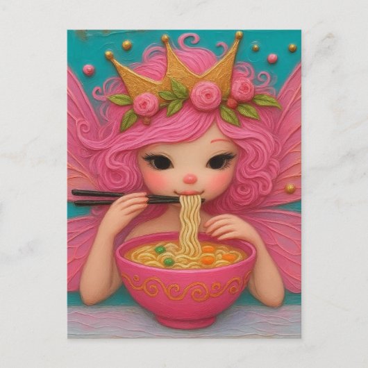 A Fairy With Pink Hair Eating Ramen ポストカード (正面)