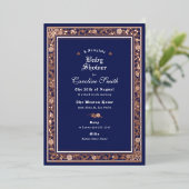 A Fairytale Forest Navy Blueバラ金ゴールドベビーシャワー 箔招待状 (立ち正面)