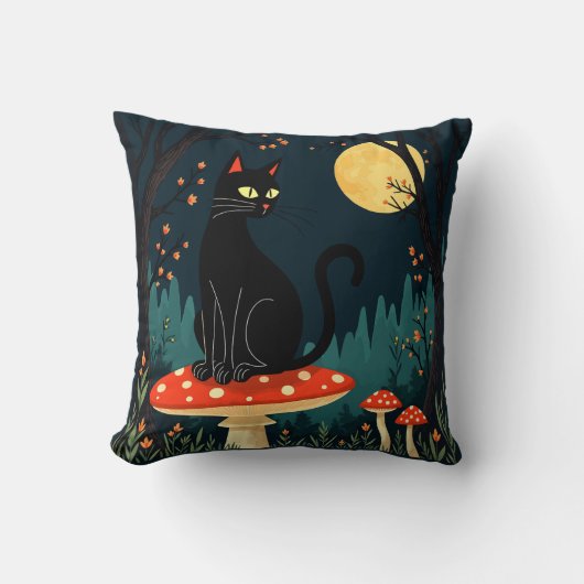 A Familiar Black Cat And Toadstools Halloween 3 クッション (正面)