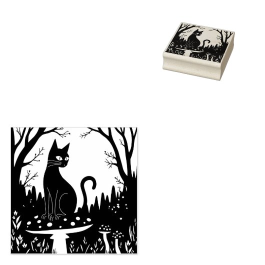 A Familiar Black Cat And Toadstools Halloween 3 ラバースタンプ (押印)