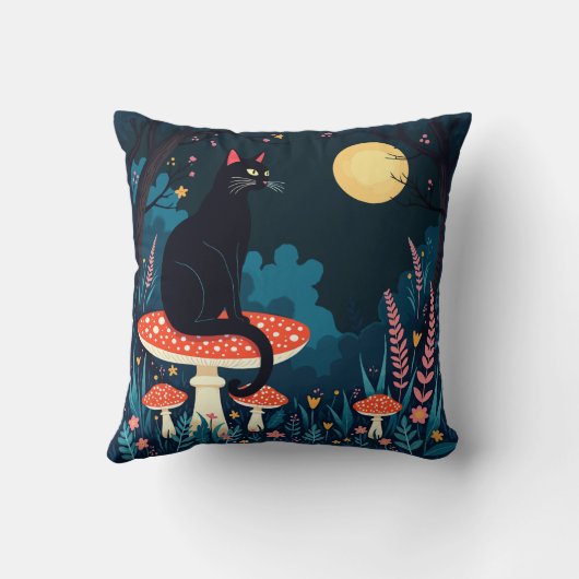 A Familiar Black Cat And Toadstools Halloween 4 クッション (裏面)