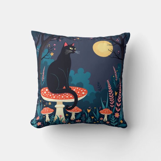 A Familiar Black Cat And Toadstools Halloween 4 クッション (正面)