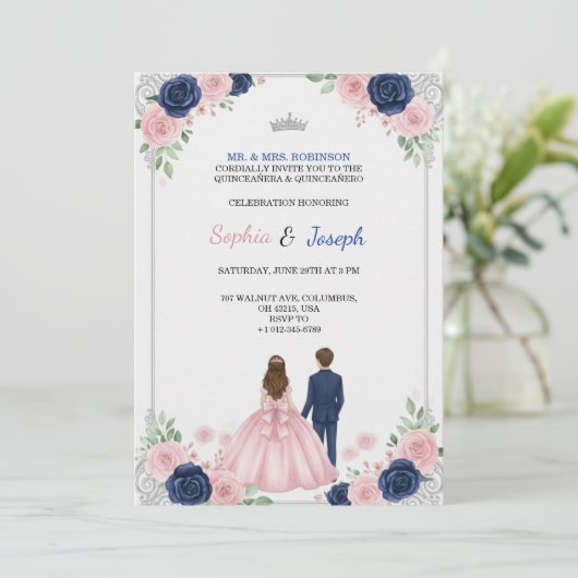 A floral themed Quinceanera Invitation 招待状 (スタンド正面)