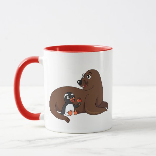 A friendly seal and a penguin cartoon マグカップ (左)