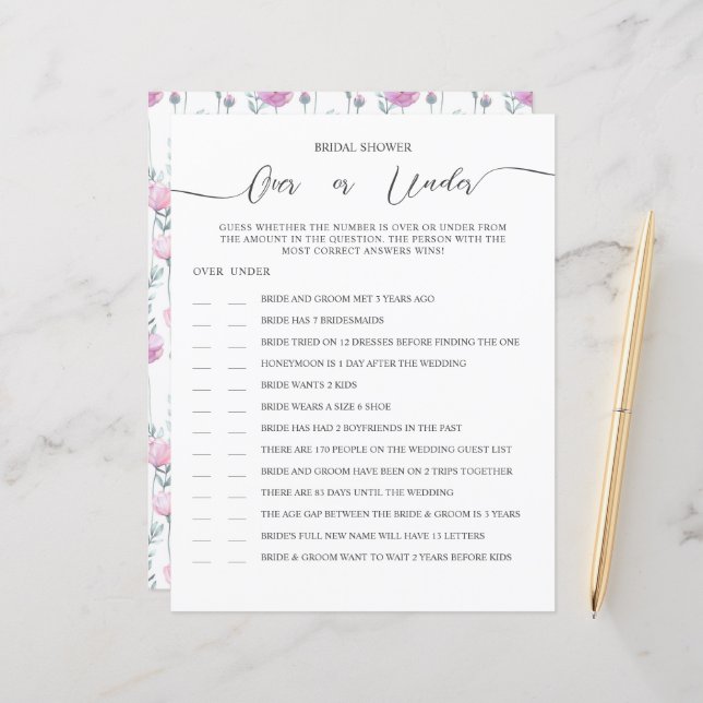 A GAME sheet of paper for a bridal shower. (正面/裏面インサイチュ)