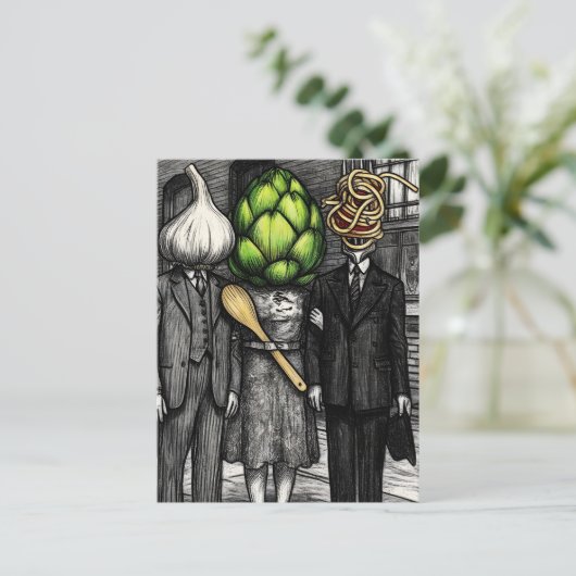 A garlic, an artichoke, and a spaghetti fork funny ポストカード (スタンド正面)