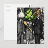 A garlic, an artichoke, and a spaghetti fork funny ポストカード (正面/裏面)