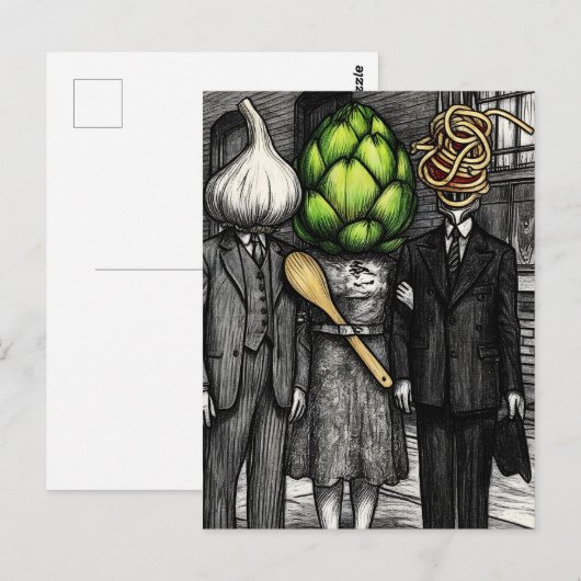 A garlic, an artichoke, and a spaghetti fork funny ポストカード (正面/裏面)
