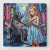 A girl and a seal. スクエア壁時計 (正面)