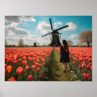 A girl in a tulip field ポスター