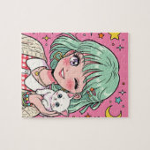 A girl with a lovely wink and a cute kitten ジグソーパズル (横)
