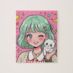 A girl with a lovely wink and a cute kitten ジグソーパズル