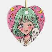 A girl with a lovely wink and a cute kitten セラミックオーナメント (右)