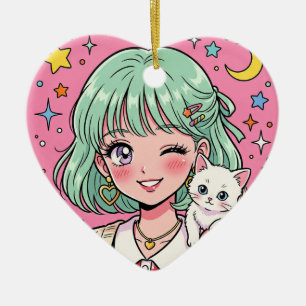 A girl with a lovely wink and a cute kitten セラミックオーナメント