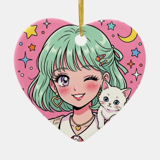 A girl with a lovely wink and a cute kitten セラミックオーナメント (正面)