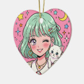 A girl with a lovely wink and a cute kitten セラミックオーナメント (左)