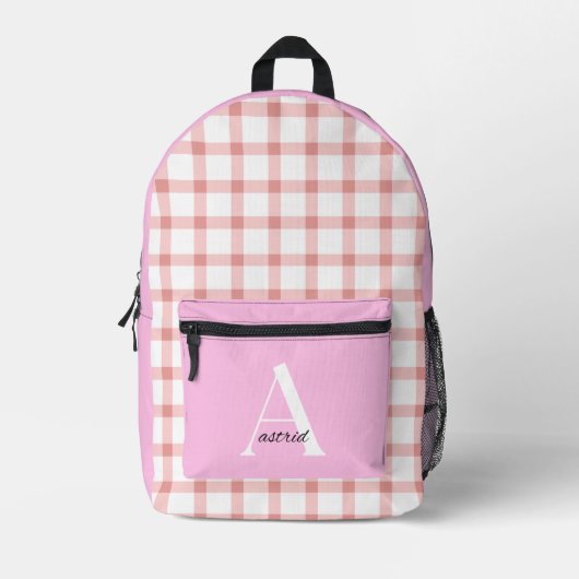 A Girl's Personalized Pink Gingham Monogram  プリントバックパック (正面)