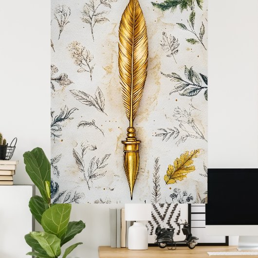 A golden feather or a fancy fountain pen. ポスター (ホームオフィス)