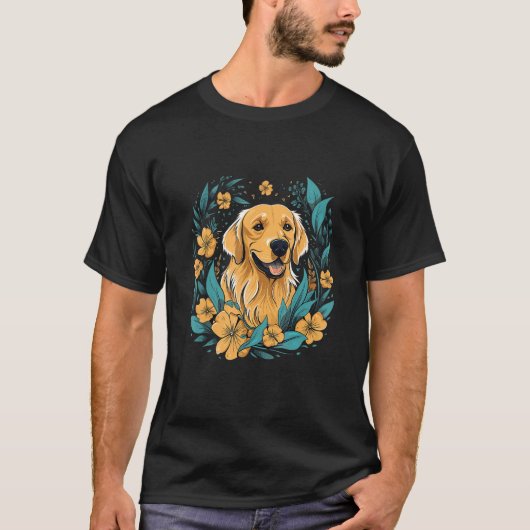 A Golden Retriever surrounded with Lilies illustra Tシャツ (正面)
