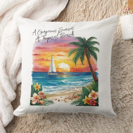 A Gorgeous Sunset At Tropical Beach, Vacation,  クッション (ブランケット)