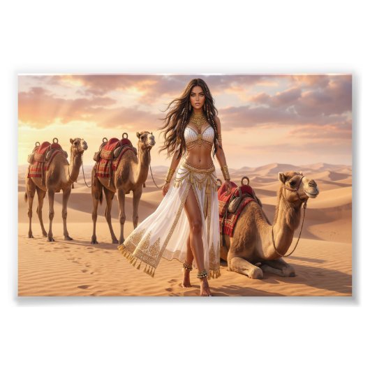 A Graceful Woman with Camels at Sunset フォトプリント (正面)