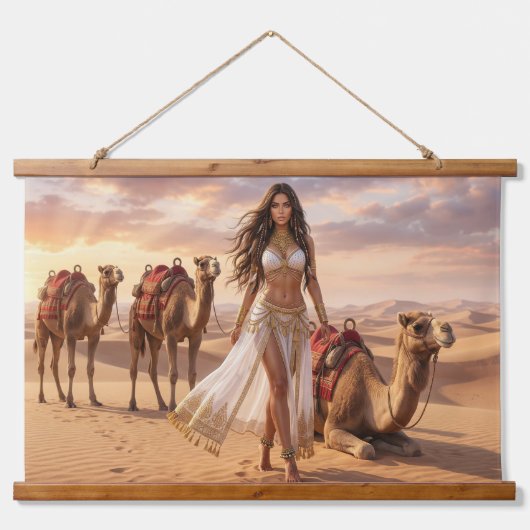 A Graceful Woman with Camels at Sunset 吊り下げ型タペストリー (正面)