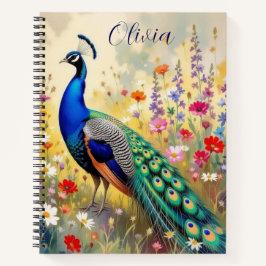 A Green and Blue Peacock in Flowers Personalized ノートブック