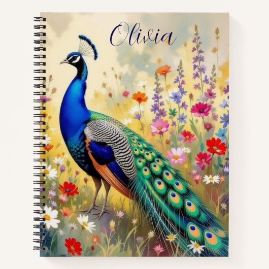 A Green and Blue Peacock in Flowers Personalized ノートブック (正面)