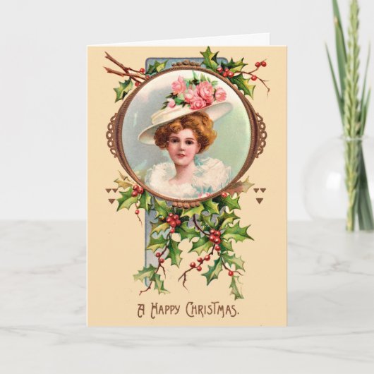A Happy Christmas - Young Lady 1880s Holiday Card シーズンカード (正面)