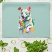 A Happy Dog eating an ice-cream キッチンタオル (折り畳み)