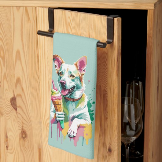 A Happy Dog eating an ice-cream キッチンタオル (三つ折り)