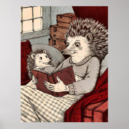 A hedgehog in a blanket reading a book to a young  ポスター