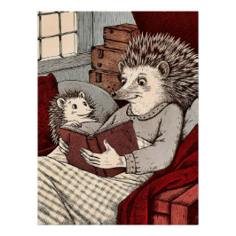 A hedgehog in a blanket reading a book to a young  ポスター