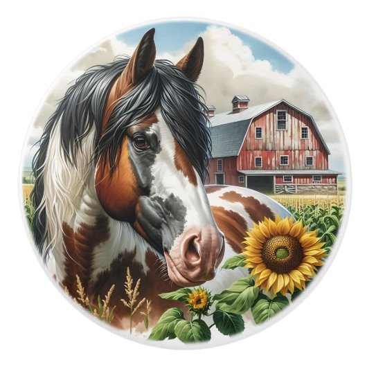 A Horse, Rustic Barn and Sunflowers セラミックノブ (正面)