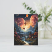 A hot air balloon flies over an asian landscape ポストカード (スタンド正面)