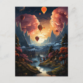 A hot air balloon flies over an asian landscape ポストカード