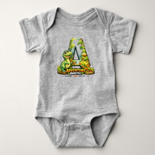 🦖🌿 “A is for Adventure” Baby Jersey Bodysuit 👶✨ ベビーボディスーツ (正面)