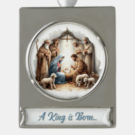 A King Is Born – Nativity Banner Christmas Design シルバープレートバナーオーナメント