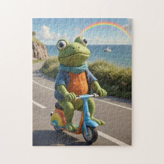 A knitted frog rides a scooter ジグソーパズル (縦)