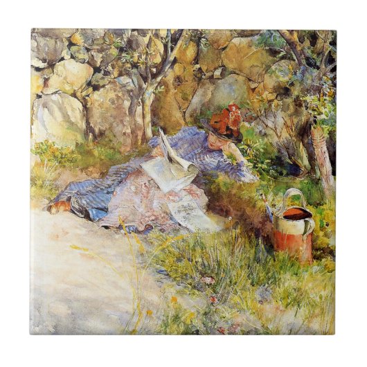 A Lady Reading a Newspaper by Carl Larsson タイル (正面)