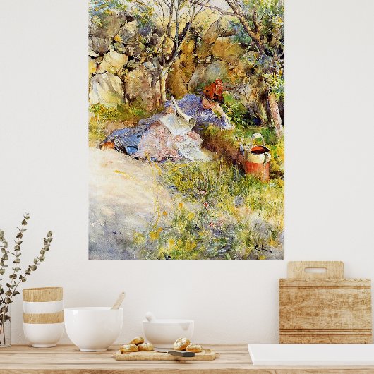 A Lady Reading a Newspaper by Carl Larsson ポスター (キッチン)