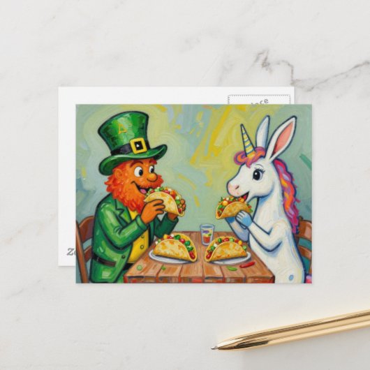 A leprechaun and a unicorn rabbit eating tacos ポストカード (正面/裏面インサイチュ)