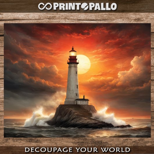 A lighthouse at sunset in a stormy sea - Decoupage ラッピングペーパーシート