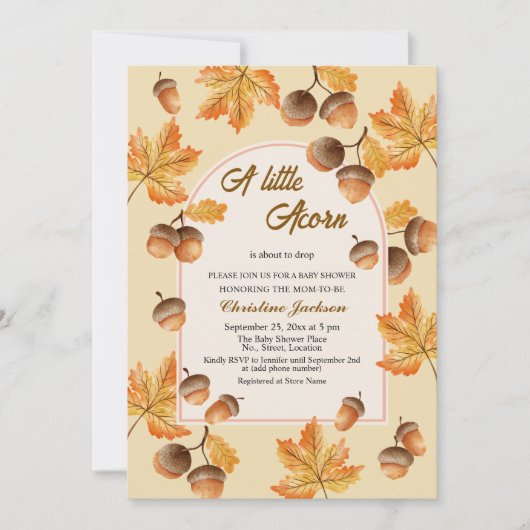 A Little Acorn Fall Maple Leaves Baby Shower 招待状 (正面)