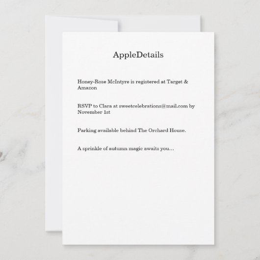 A Little Apple Is On The Way | Fall Baby Shower 招待状 (裏面)