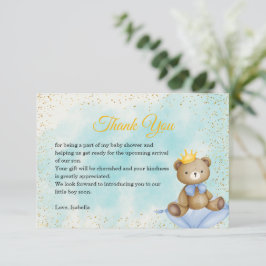 A Little Bear Prince Blue Boy金ゴールドBaby Shower サンキューカード